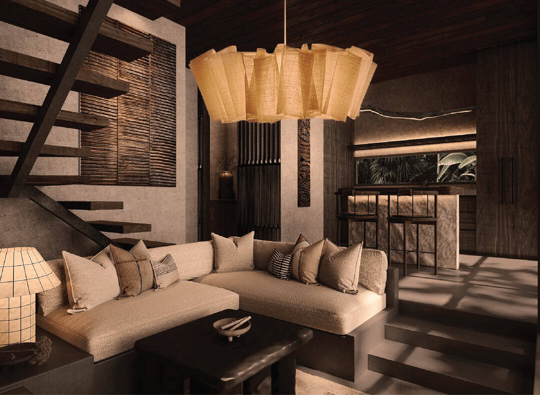 Cozy modern living room with cushions and stairway