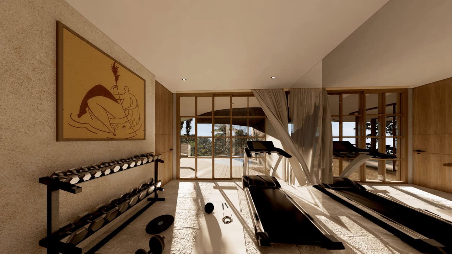 Home gym with treadmill and weights by window.