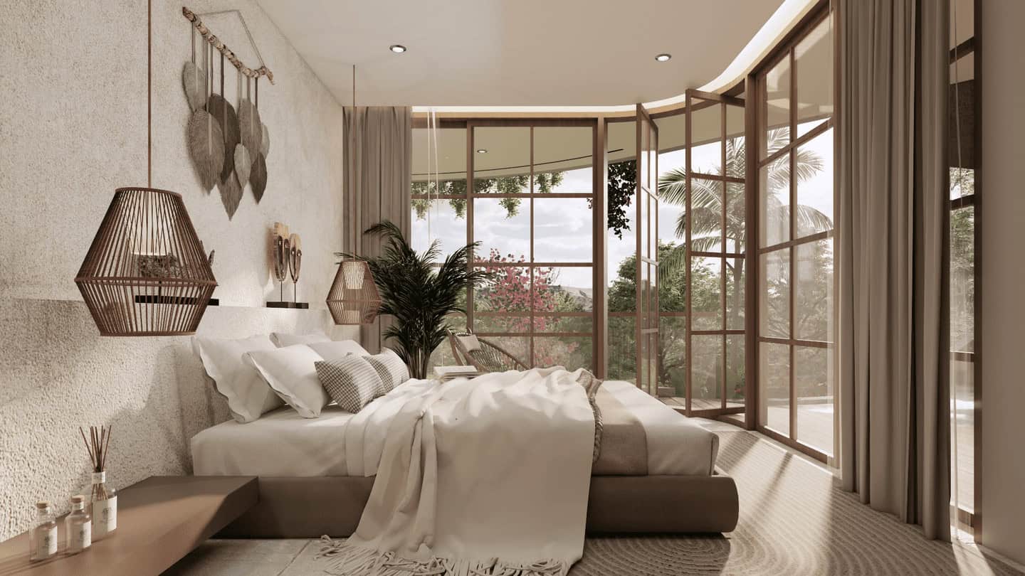 Modern bedroom with large windows and cozy decor.