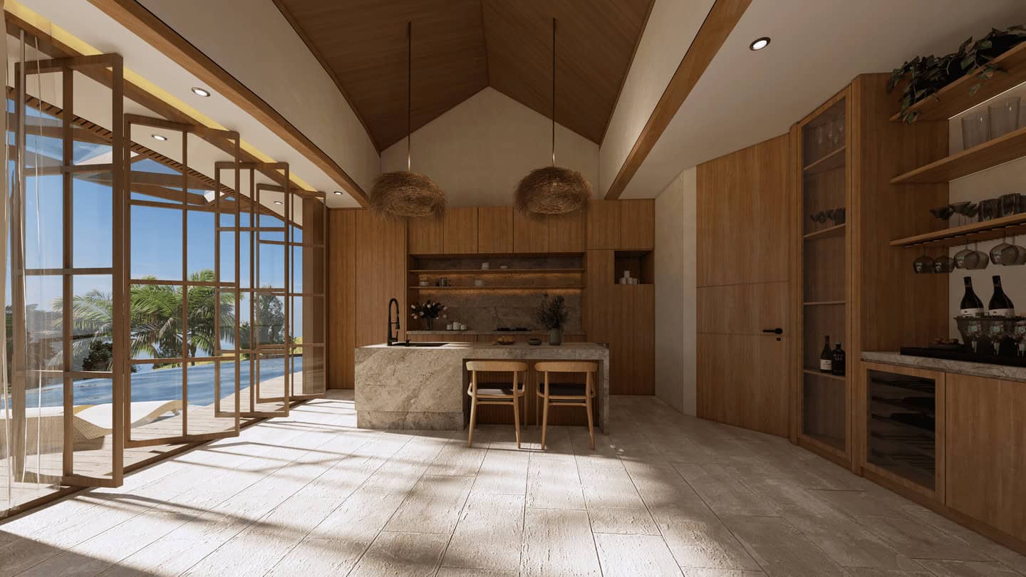 Luxurious kitchen with poolside view and wooden design.