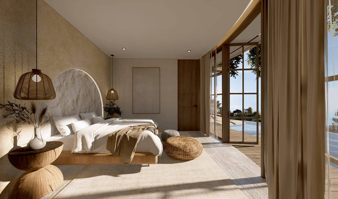 Modern bedroom with pool view through glass doors.