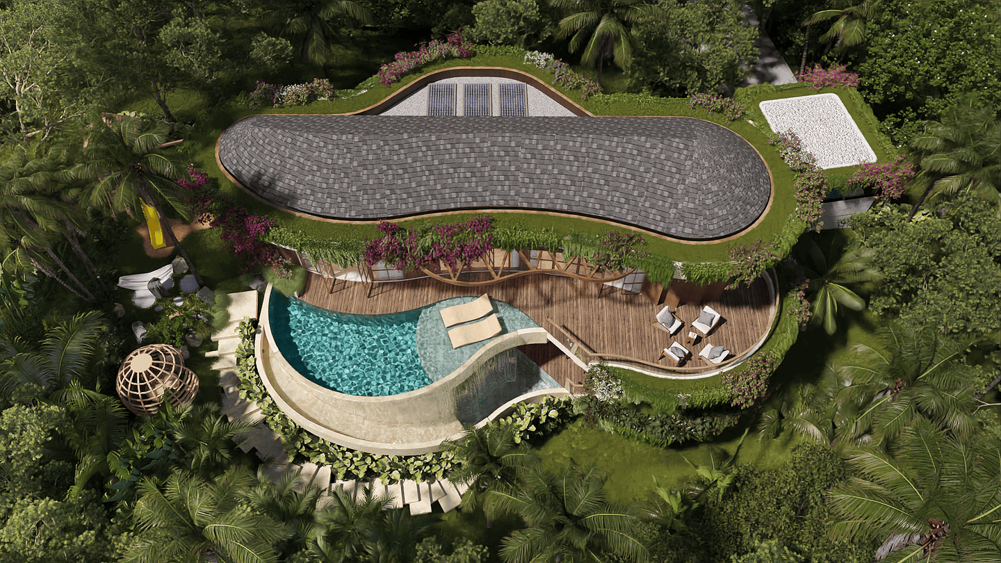 Eco-friendly house with pool in lush forest setting.