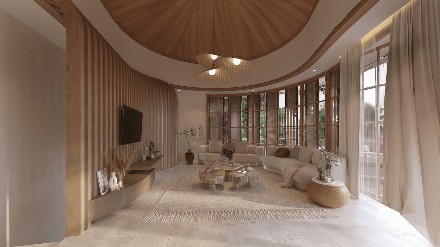 Modern living room with wood accents, large windows.