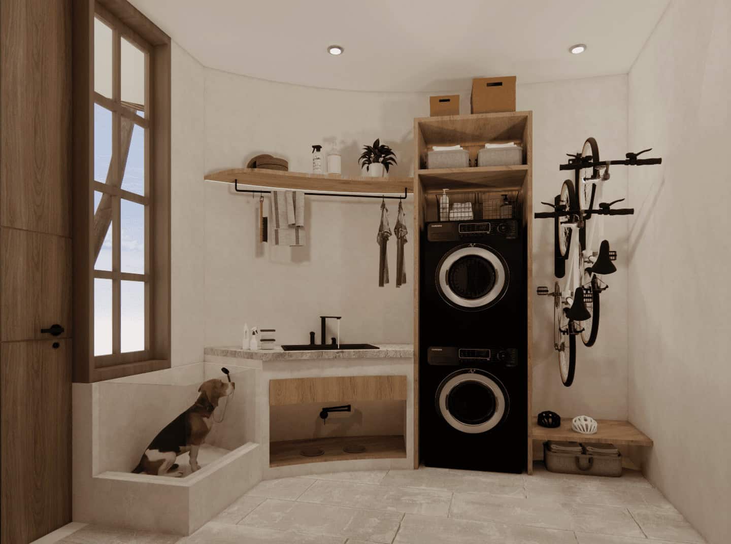 Modern laundry room with dog shower and bike storage.
