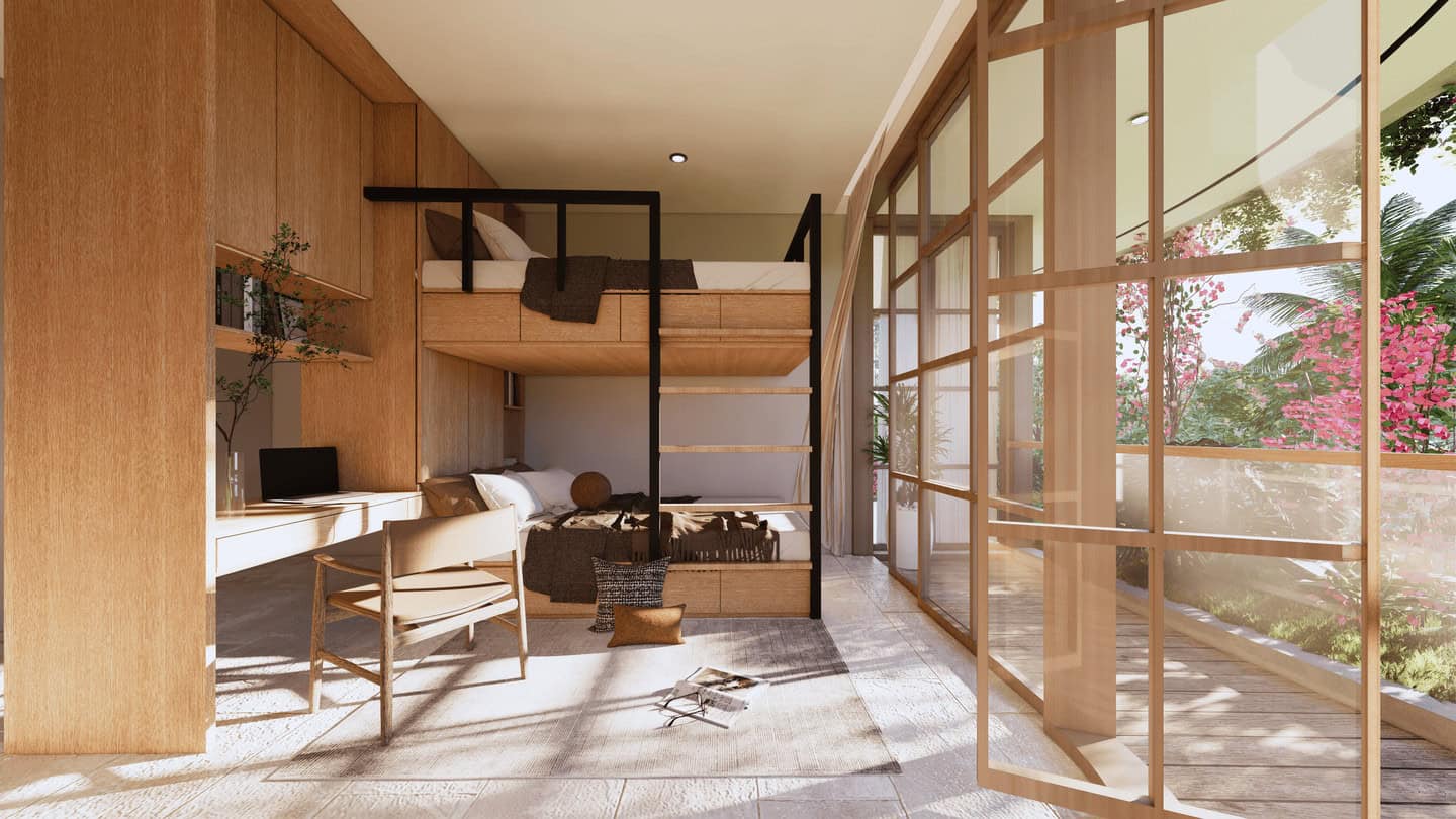 Modern loft with balcony and wooden decor