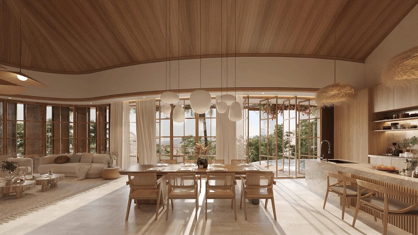 Modern open-concept dining room with large windows.