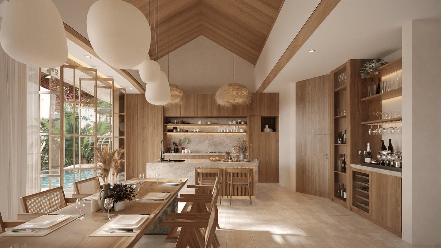 Modern wooden kitchen and dining area with pool view.