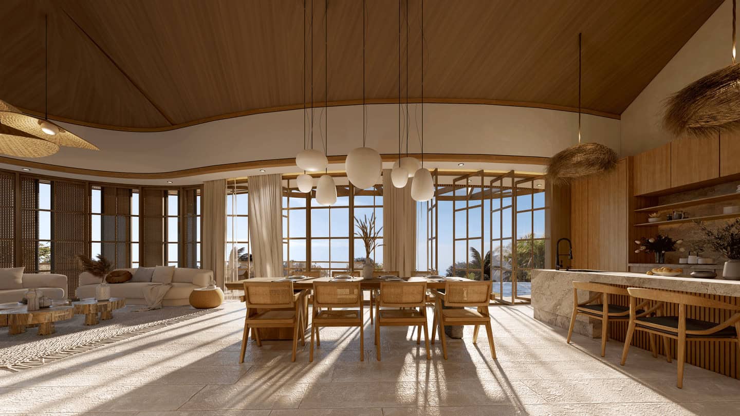 Spacious modern dining room with natural wood finishes.
