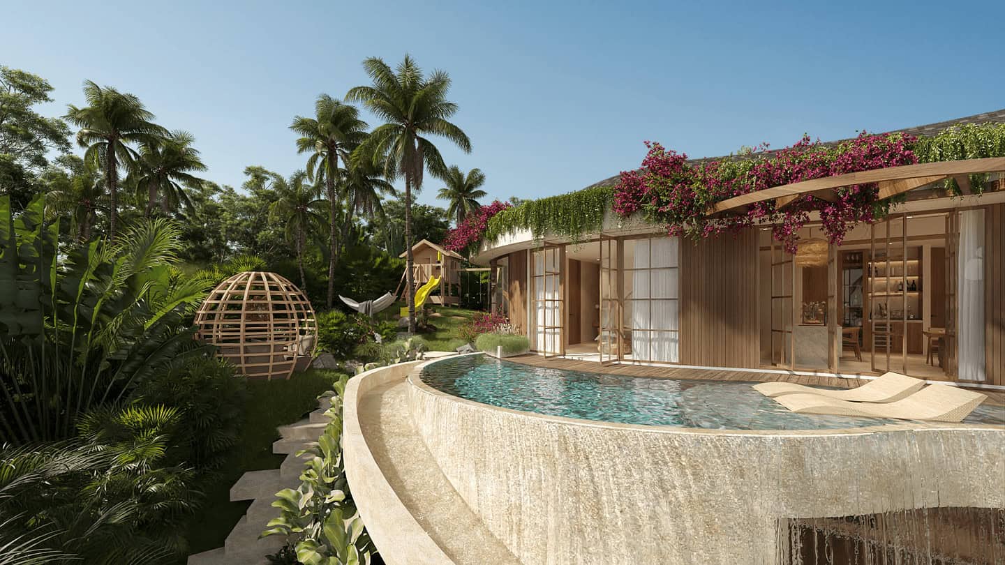 Luxury tropical villa with pool and palm trees.