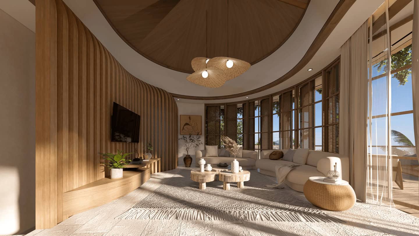 Modern living room with wooden accents and large windows