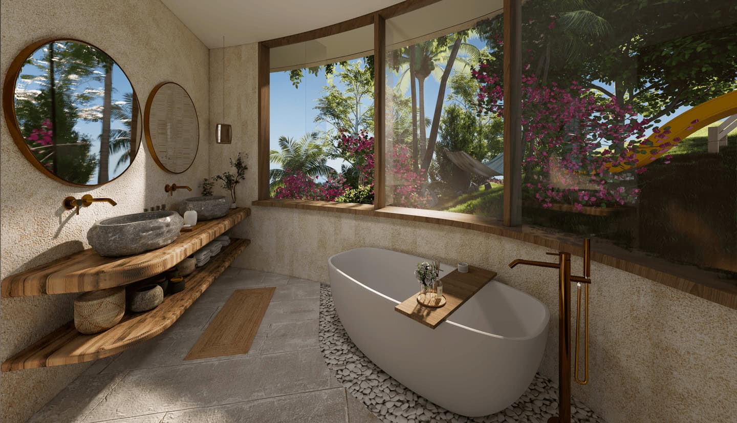 Luxurious bathroom with nature view through window.