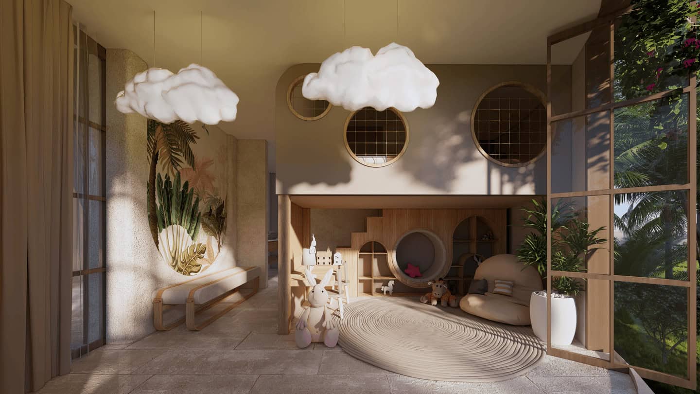 Cozy children's room with whimsical cloud lights.