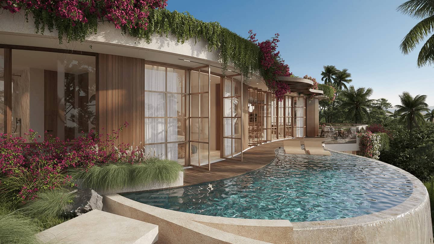 Luxurious villa with pool and tropical garden view.
