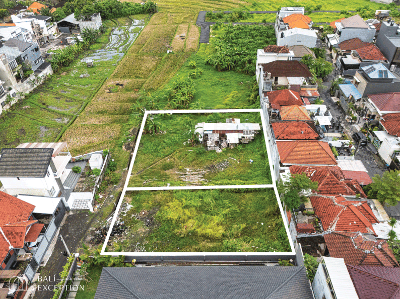 Aerial view of two outlined land plots.