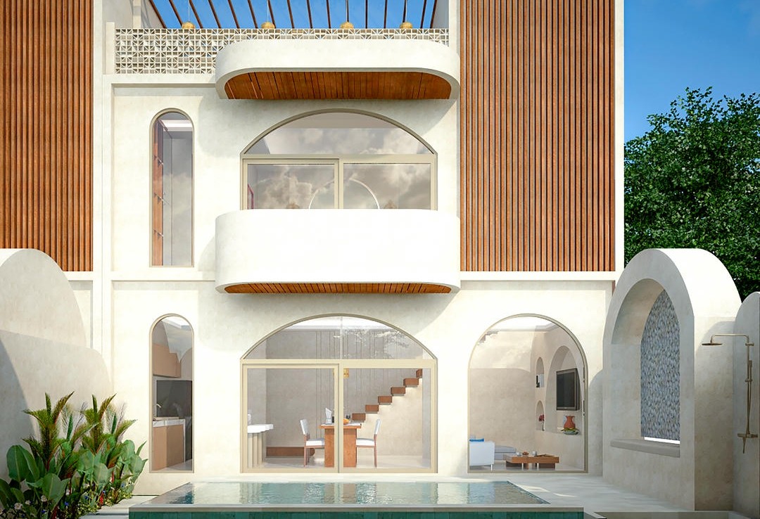 Modern house exterior with pool and balcony.