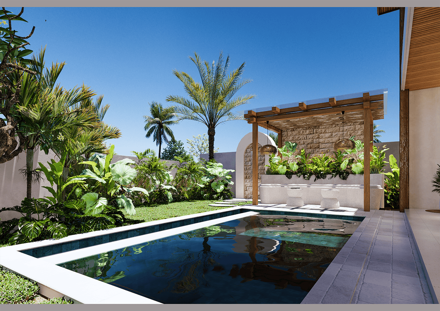 Luxurious backyard with pool and tropical plants.