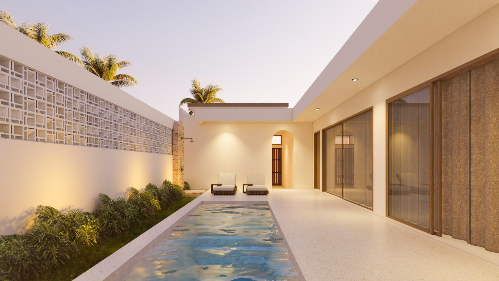 Modern patio with pool, palm trees, lounge chairs