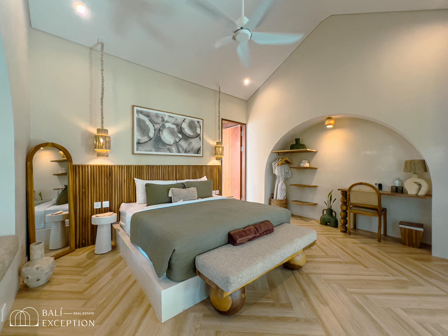 Modern bedroom with wooden accents and natural lighting.