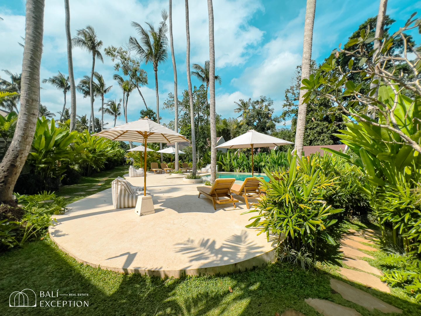 Tropical poolside with lounge chairs and palm trees.