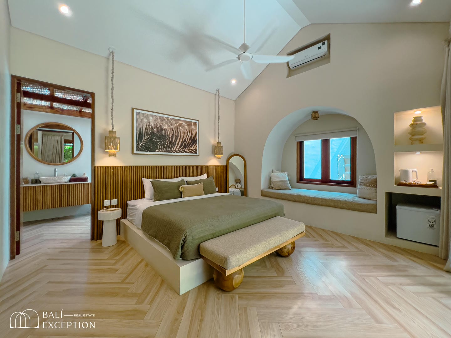 Modern bedroom with wooden decor and large window.