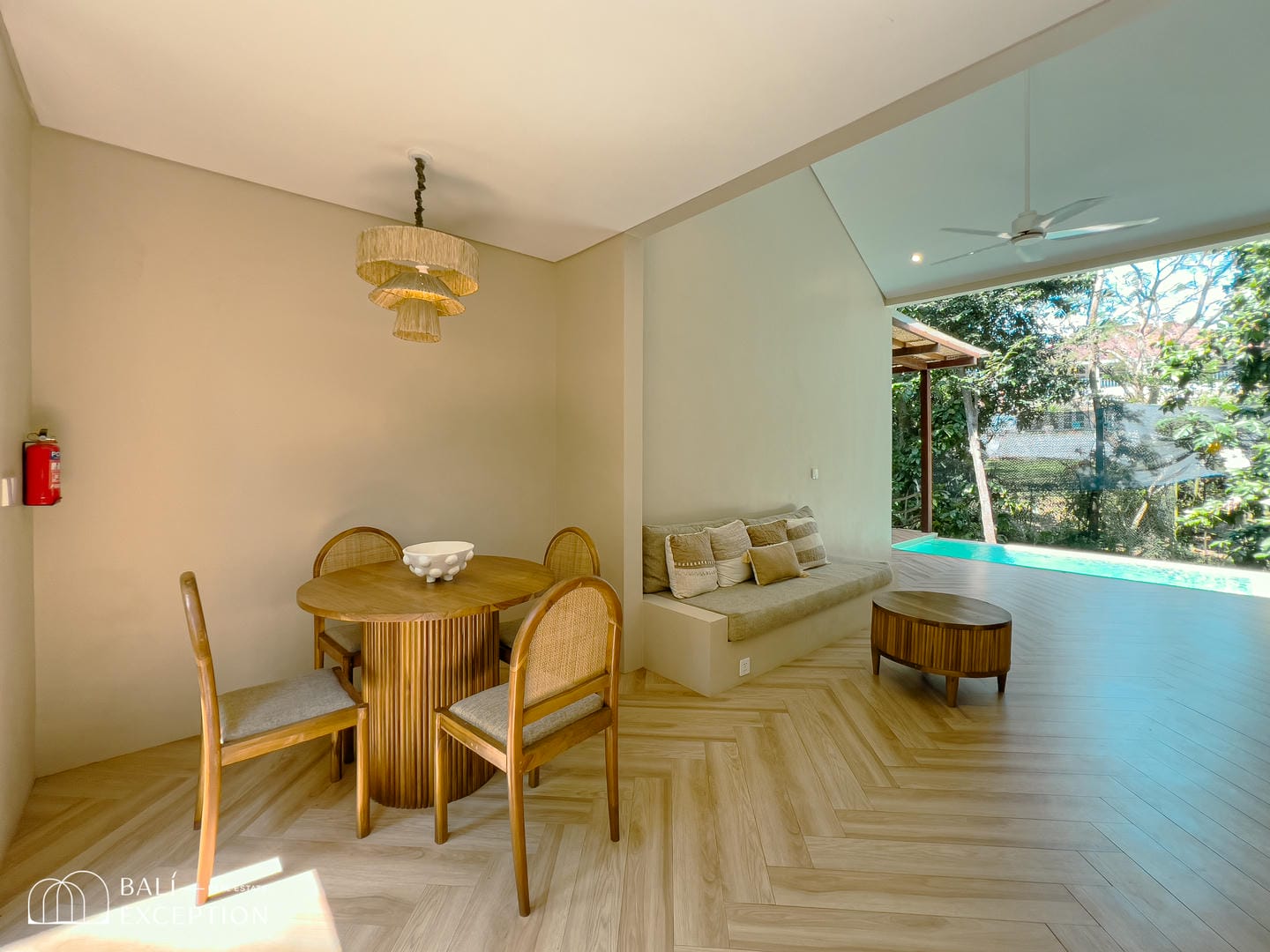 Modern dining area with view of pool